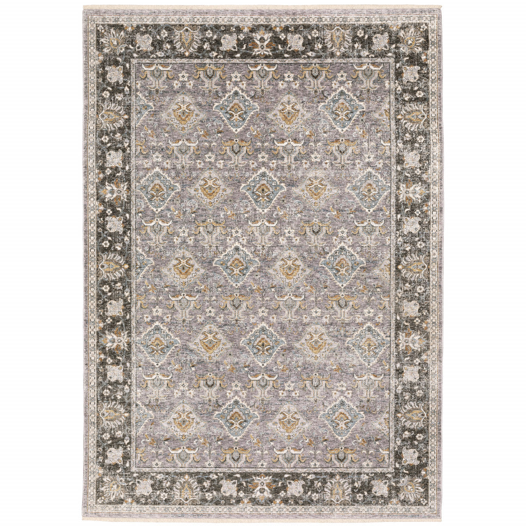 3' X 5' Grey And Blue Oriental Power Loom Stain Resistant Area Rug With Fringe