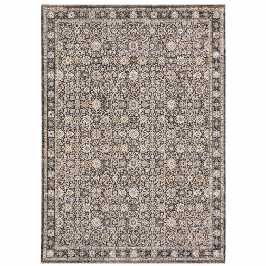 8' X 11' Grey And Ivory Oriental Power Loom Stain Resistant Area Rug With Fringe