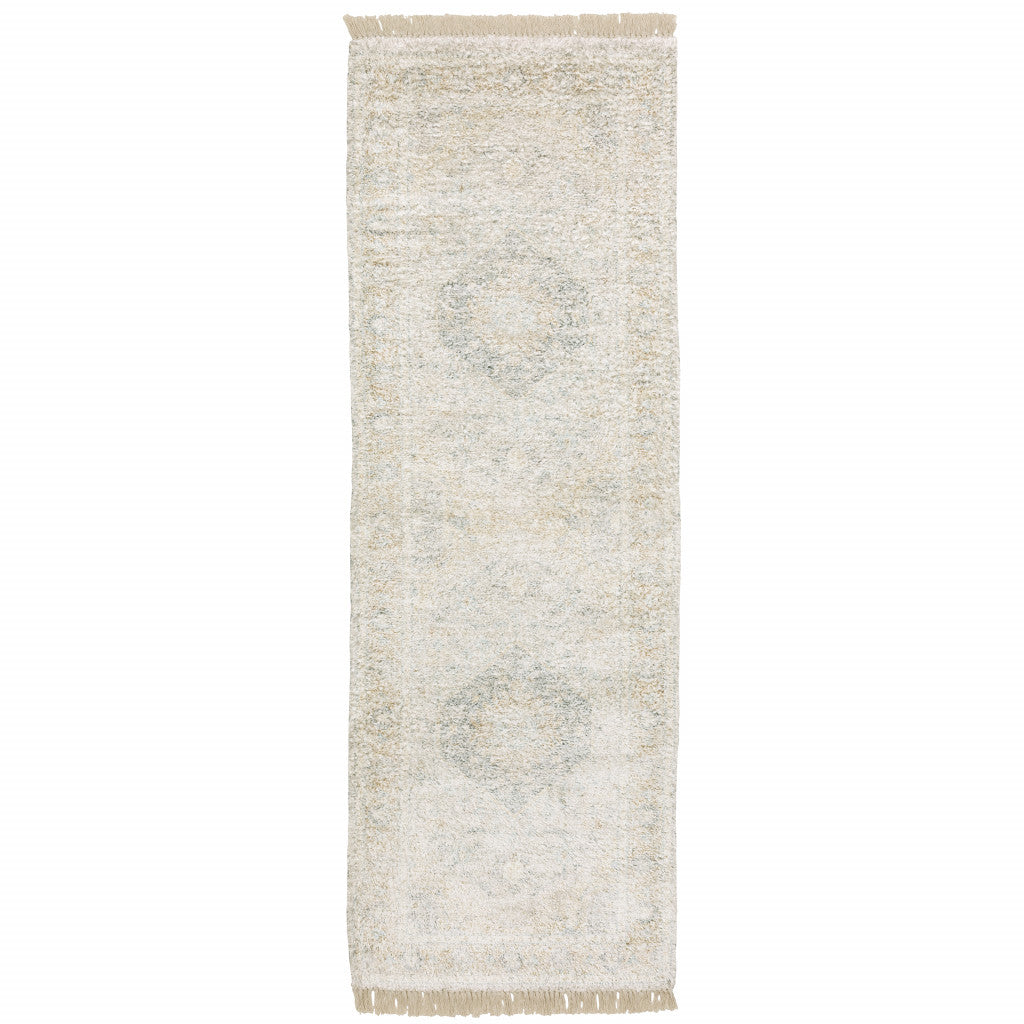 2' X 8' Beige And Grey Oriental Hand Loomed Stain Resistant Runner Rug With Fringe