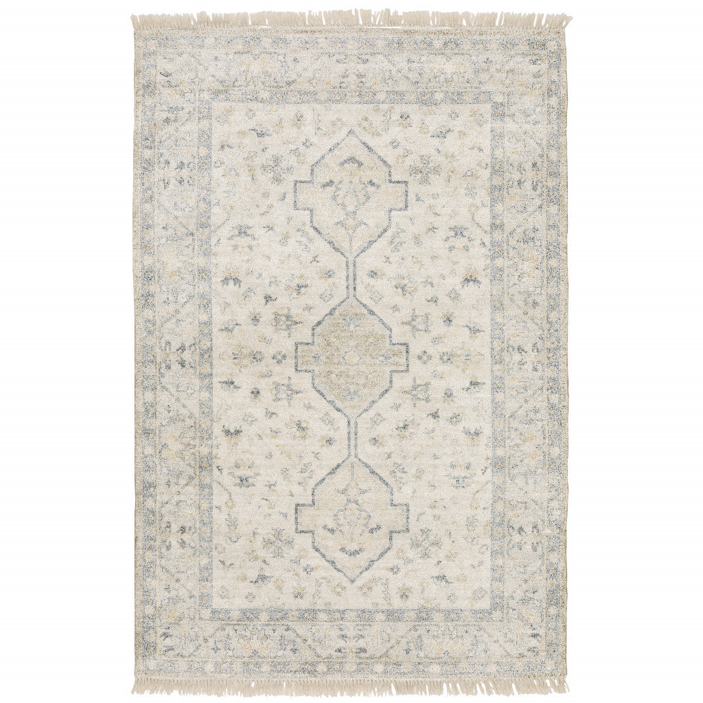 8' X 10' Beige And Charcoal Oriental Hand Loomed Stain Resistant Area Rug With Fringe