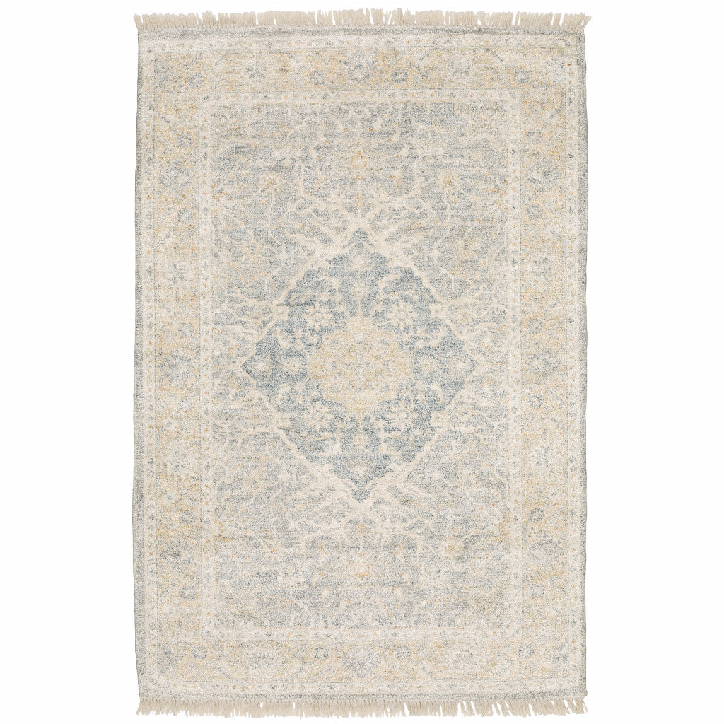 8' X 10' Grey And Beige Oriental Hand Loomed Stain Resistant Area Rug With Fringe