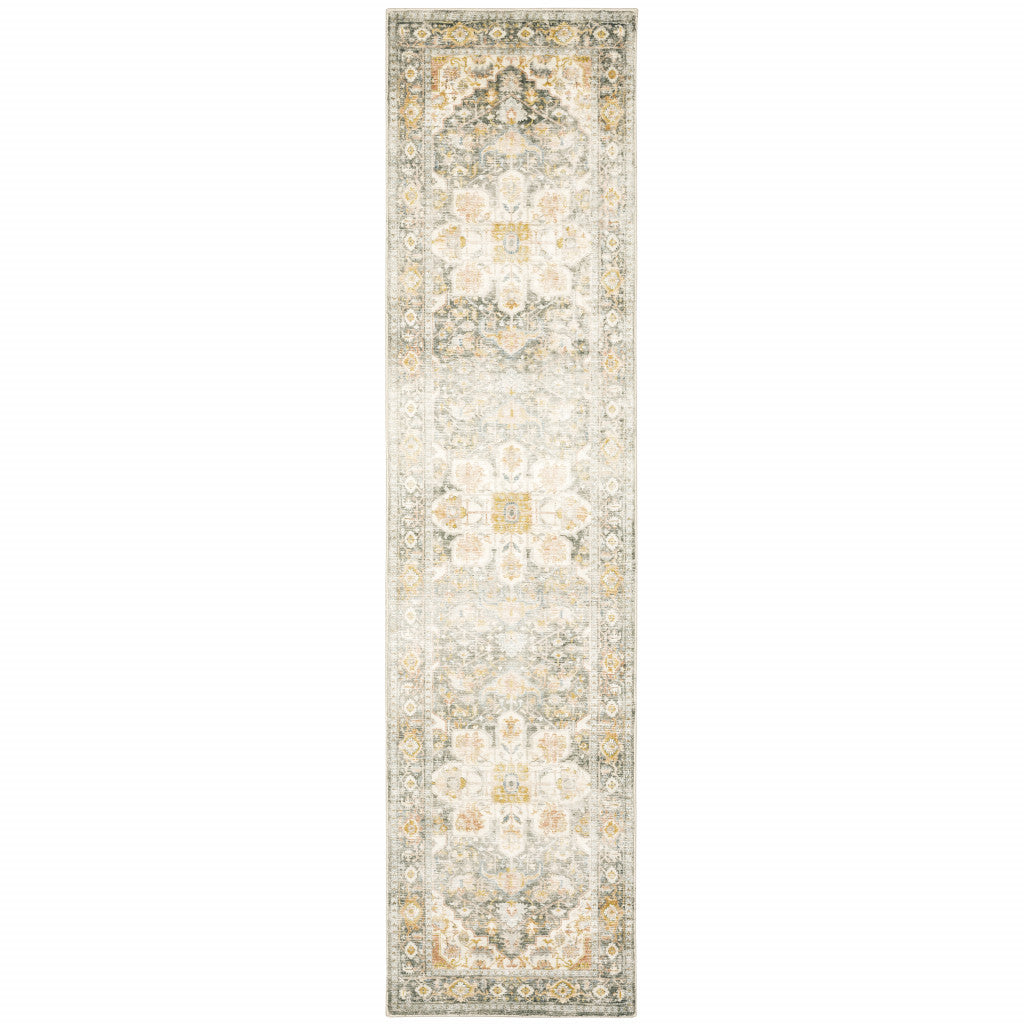 2' X 8' Gray And Ivory Oriental Power Loom Stain Resistant Runner Rug