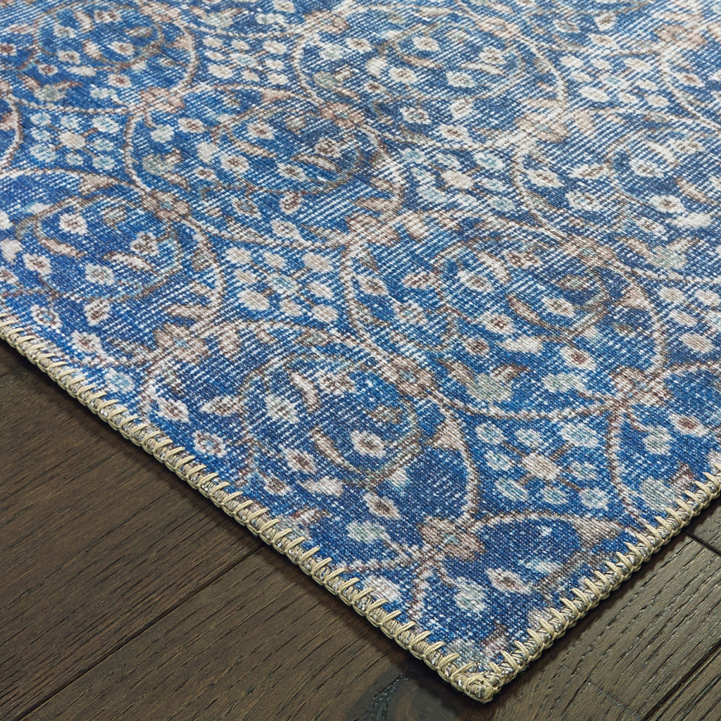 2' X 3' Blue And Brown Floral Power Loom Stain Resistant Area Rug