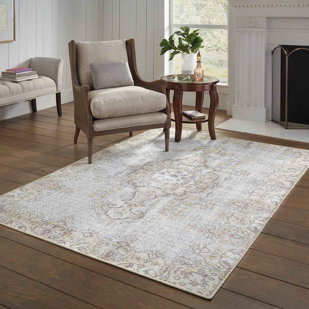 2' X 3' Grey And Gold Oriental Power Loom Stain Resistant Area Rug