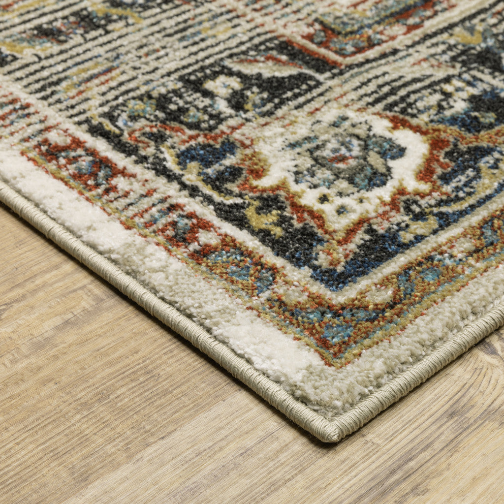 5' X 7' Beige Blue Green Rust And Grey Oriental Power Loom Stain Resistant Area Rug