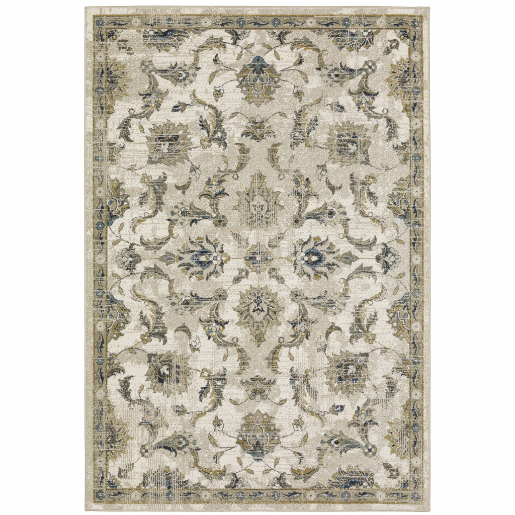 8' X 10' Beige Gold Blue And Grey Oriental Power Loom Stain Resistant Area Rug