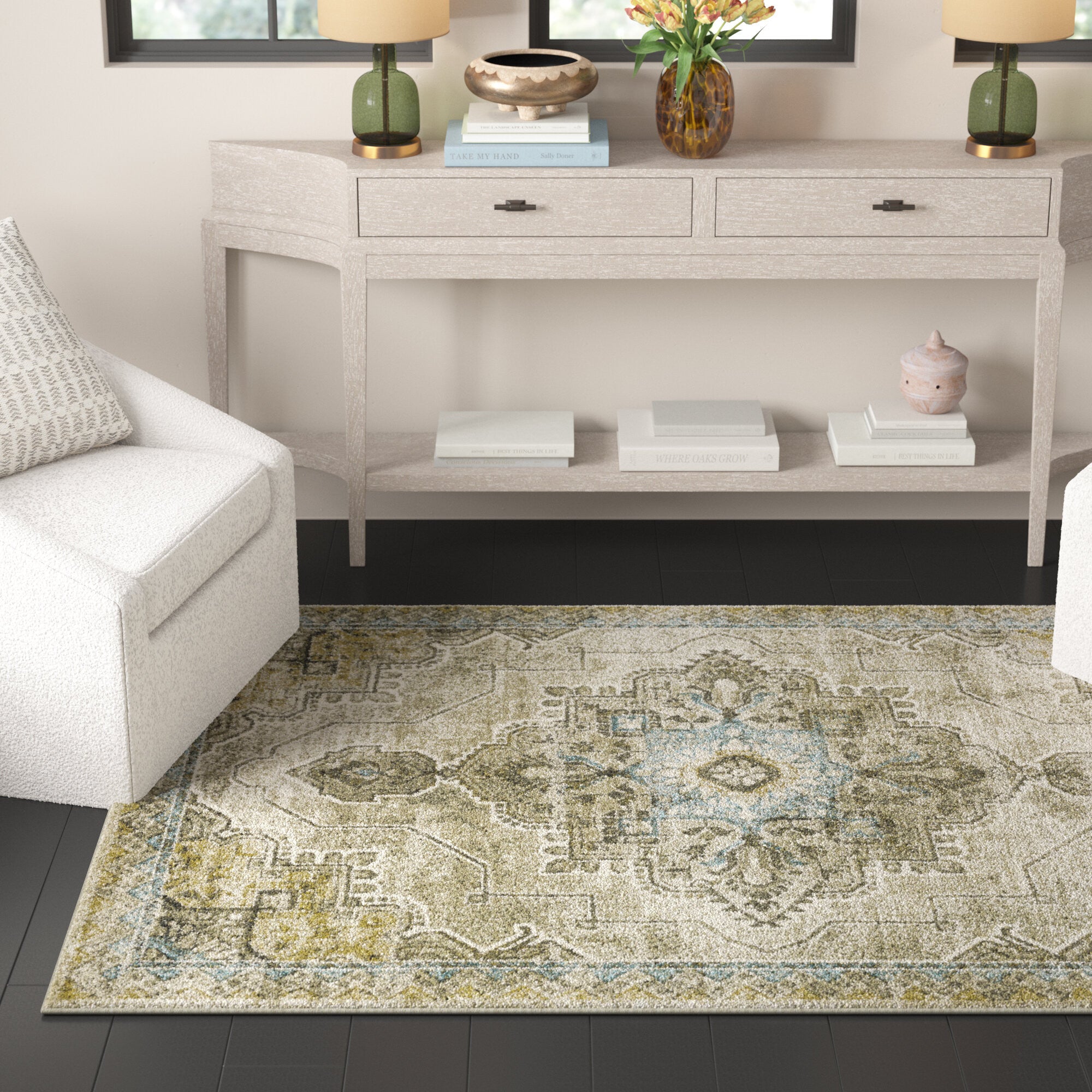 8' X 10' Grey Blue Beige And Gold Oriental Power Loom Stain Resistant Area Rug