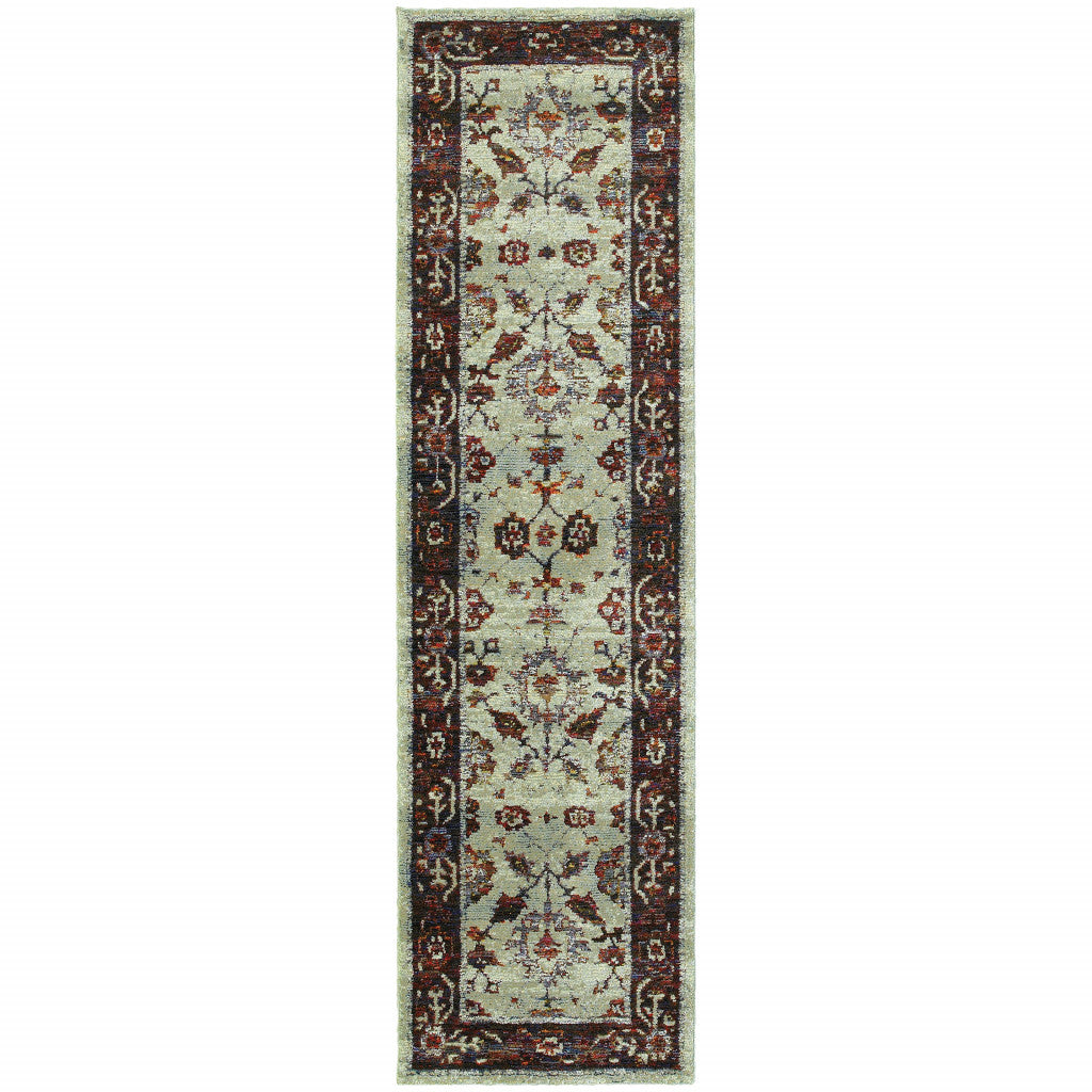 2' X 8' Stone And Red Oriental Power Loom Stain Resistant Runner Rug