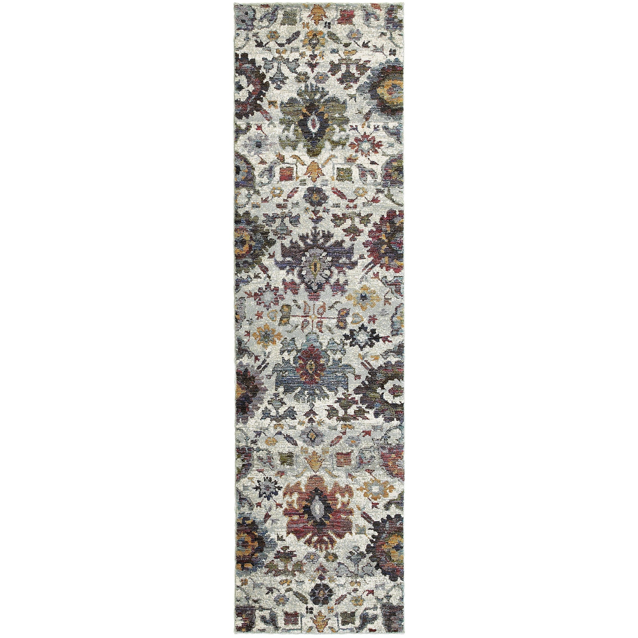 2' X 8' Stone Grey Purple Green Gold And Teal Oriental Power Loom Stain Resistant Runner Rug