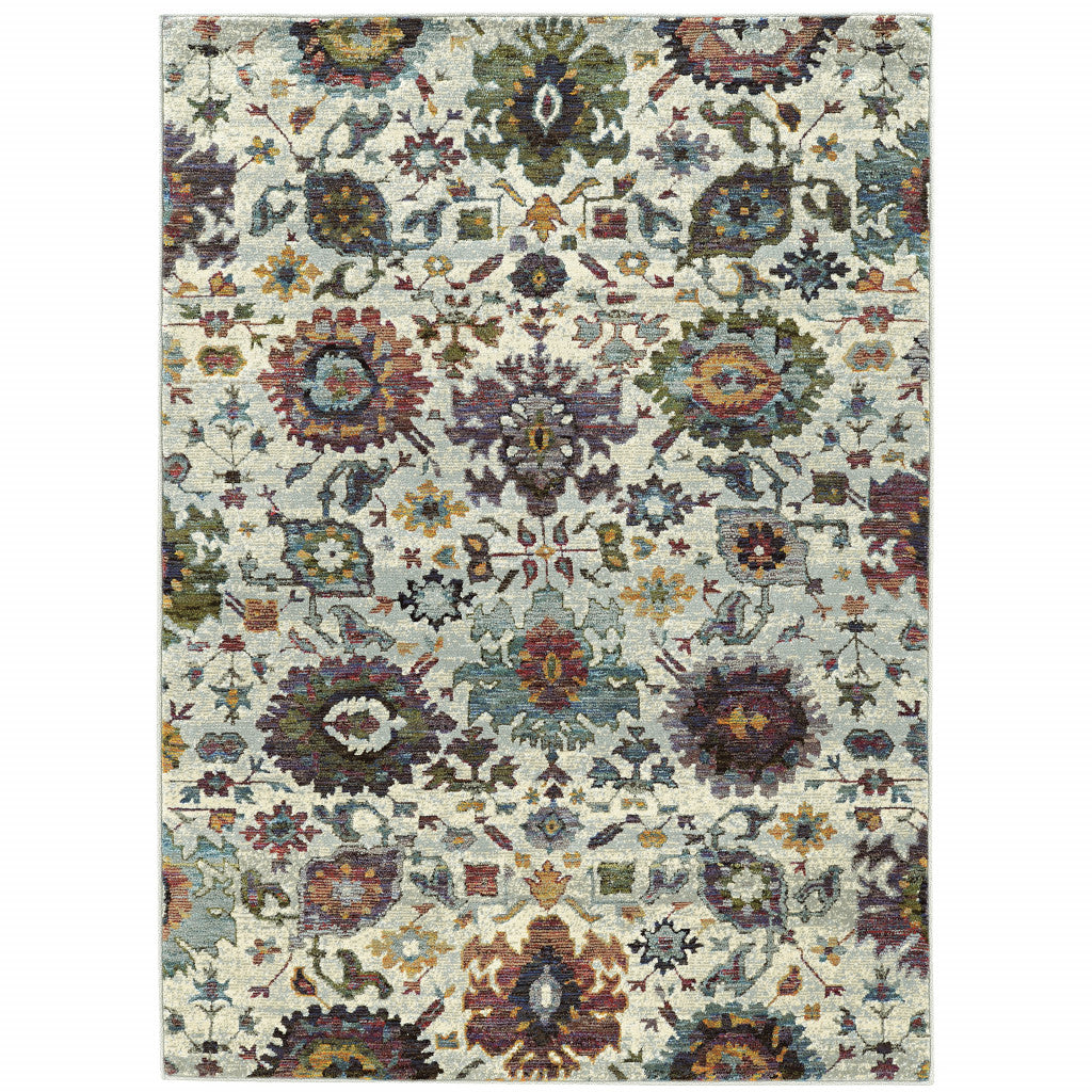 5' X 7' Stone Grey Purple Green Gold And Teal Oriental Power Loom Stain Resistant Area Rug