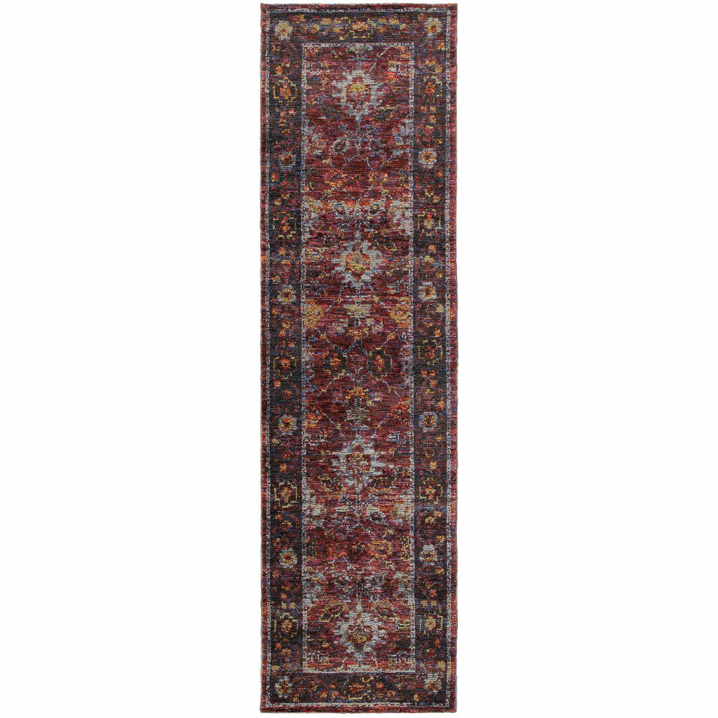 2' X 8' Red Purple Gold And Grey Oriental Power Loom Stain Resistant Runner Rug