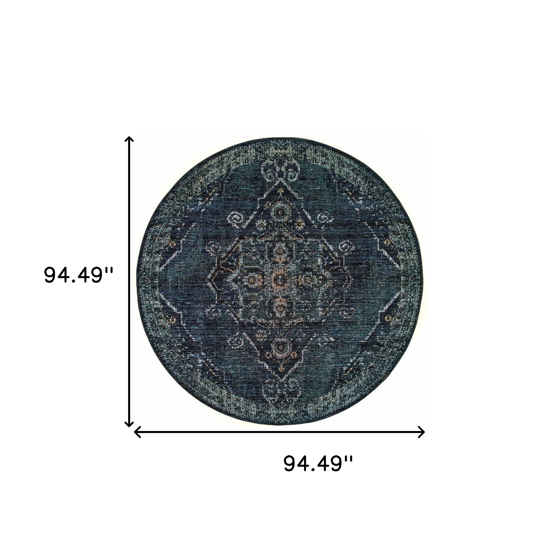 8' Blue And Brown Round Oriental Power Loom Stain Resistant Area Rug