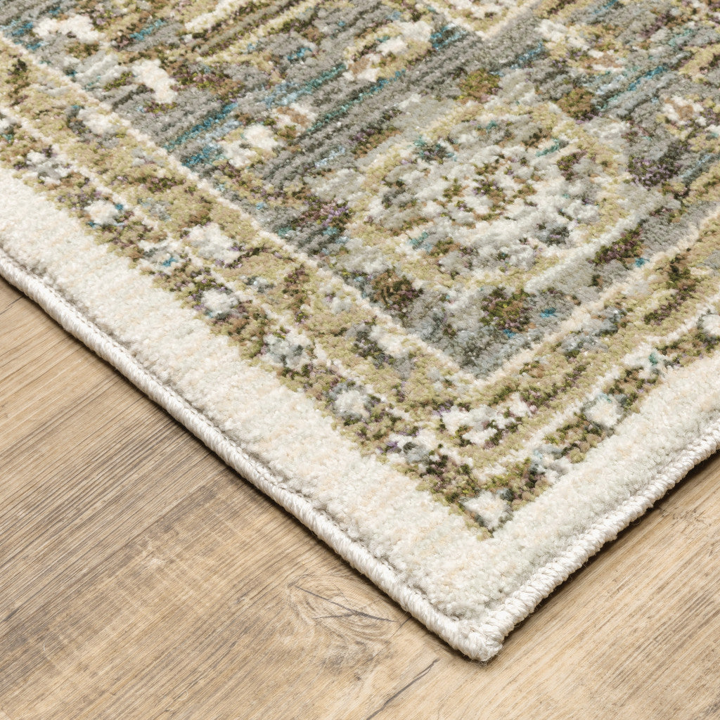 2' X 8' Ivory Grey And Blue Oriental Power Loom Stain Resistant Runner Rug