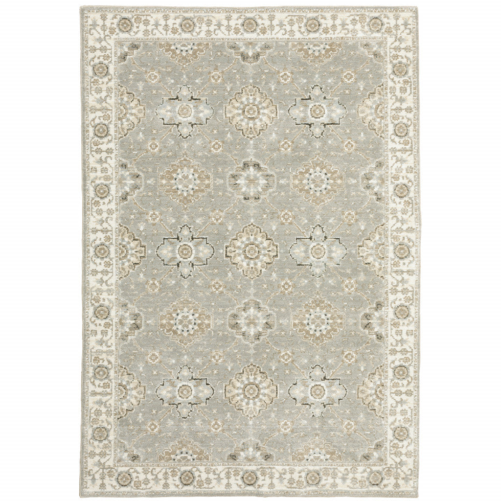 6' X 9' Grey Ivory Tan Brown And Gold Oriental Power Loom Stain Resistant Area Rug