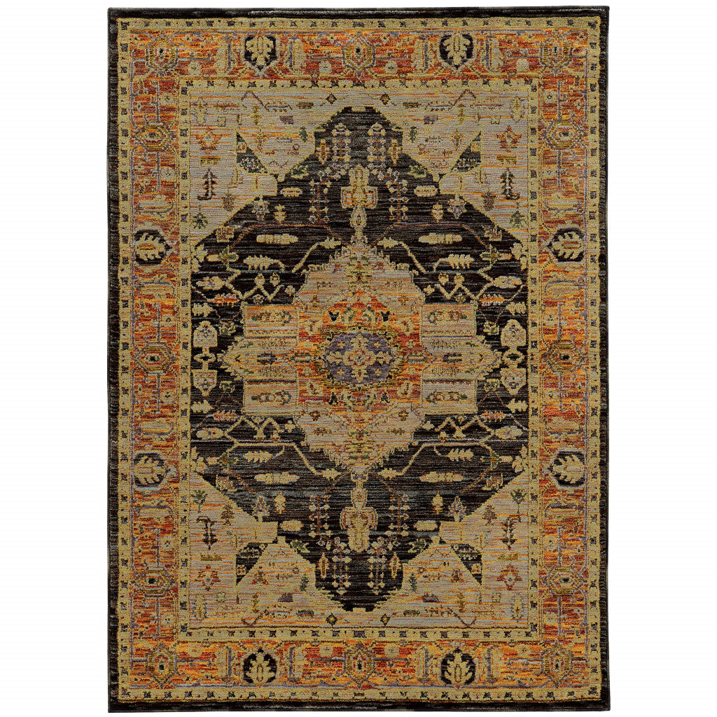 5' X 7' Gold Brown Grey Rust Green And Purple Oriental Power Loom Stain Resistant Area Rug