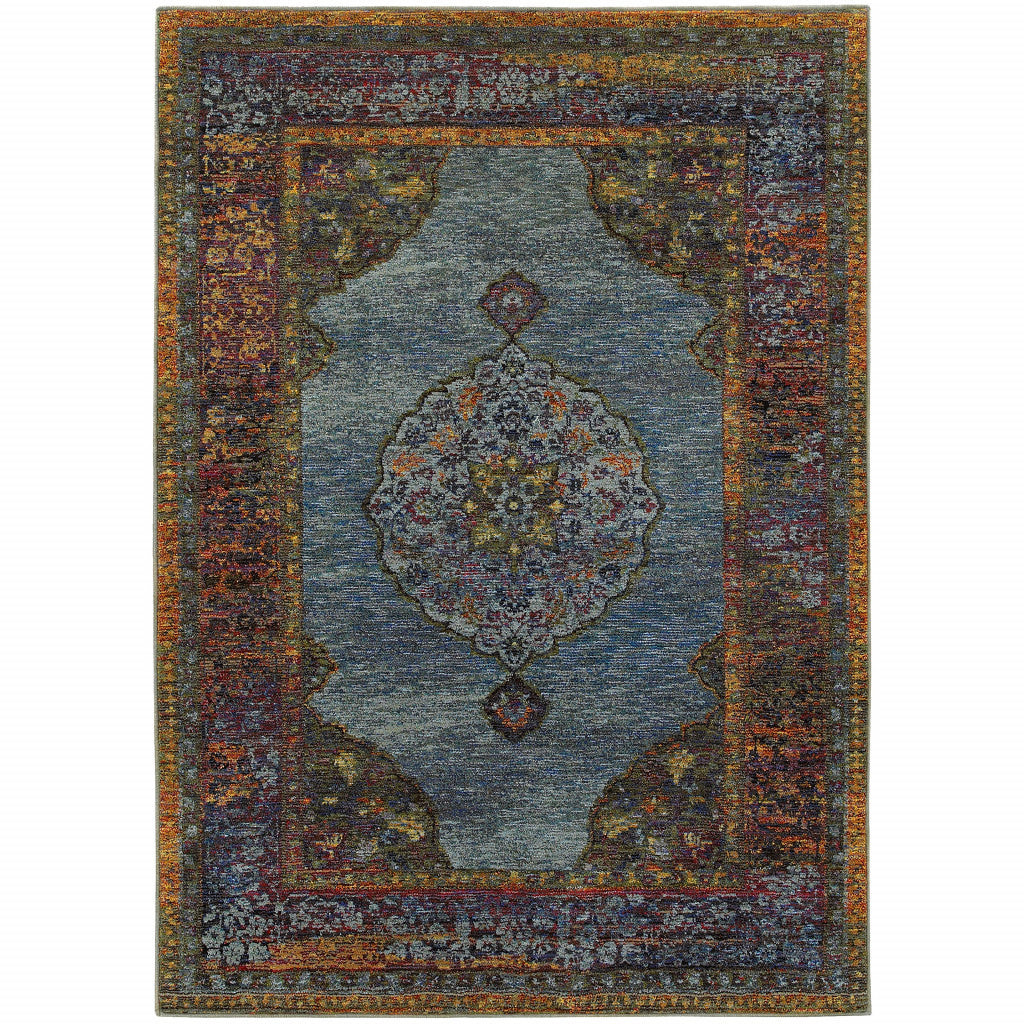 5' X 7' Blue Gold Green Red Orange And Purple Oriental Power Loom Stain Resistant Area Rug