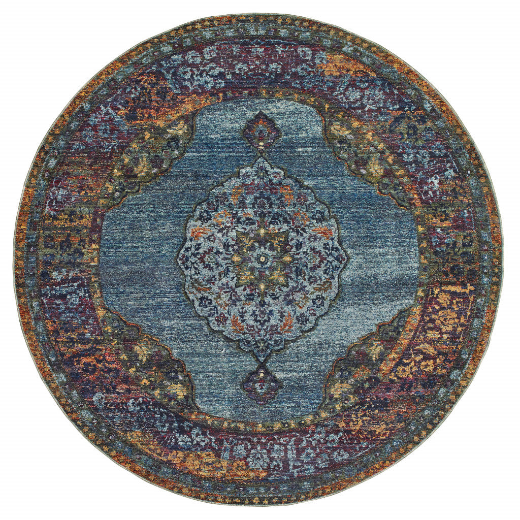 8' Blue Gold Green Red Orange And Purple Round Oriental Power Loom Stain Resistant Area Rug