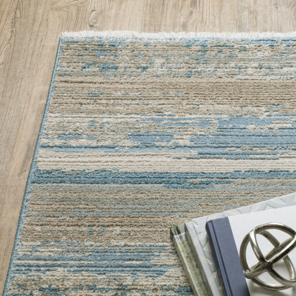 2' X 8' Blue And Ivory Abstract Power Loom Runner Rug With Fringe