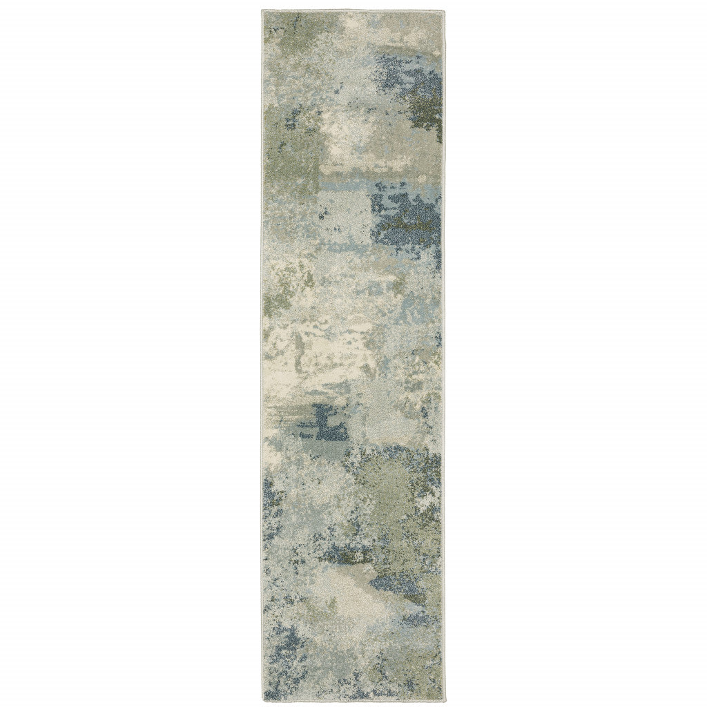 2' X 8' Blue Green Grey And Ivory Abstract Power Loom Stain Resistant Runner Rug