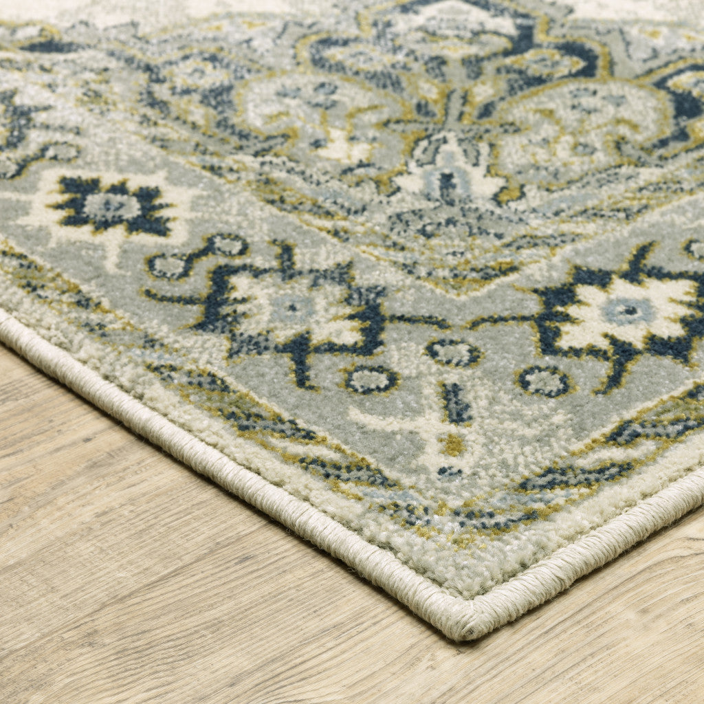 2' X 8' Ivory Blue Teal Grey And Olive Green Oriental Power Loom Stain Resistant Runner Rug