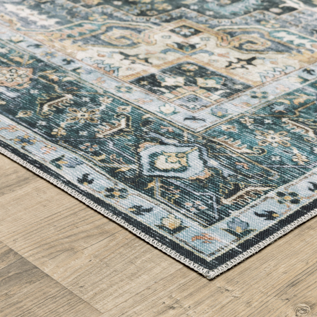 2' X 8' Blue Ivory Teal Brown And Gold Oriental Printed Stain Resistant Non Skid Runner Rug