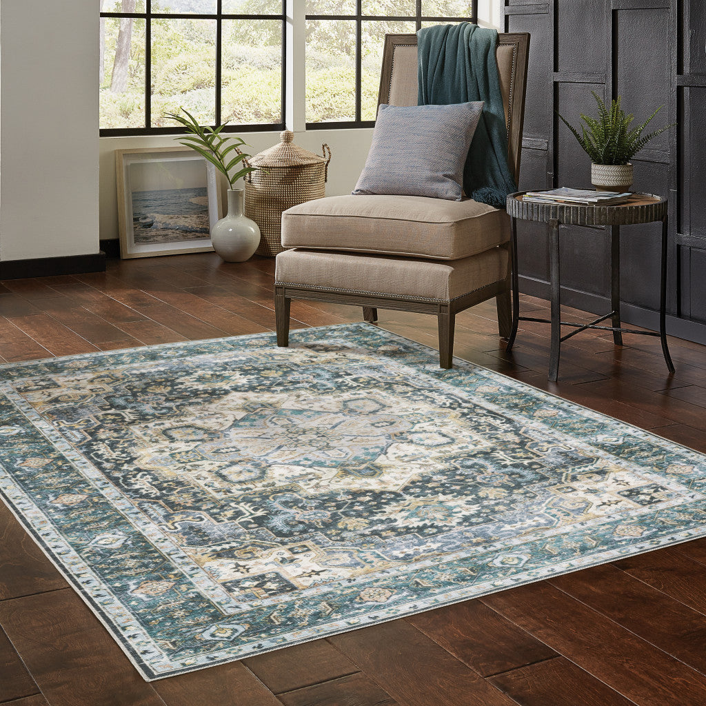 4' X 6' Blue Ivory Teal Brown And Gold Oriental Printed Stain Resistant Non Skid Area Rug