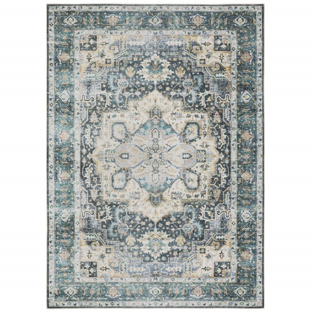 5' X 7' Blue Ivory Teal Brown And Gold Oriental Printed Stain Resistant Non Skid Area Rug