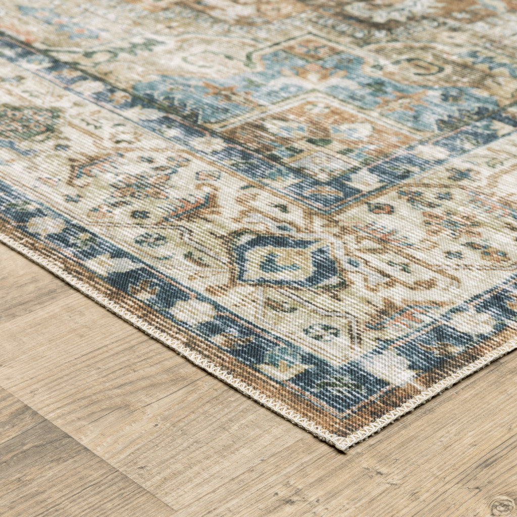 7' X 10' Blue Gold Brown Green And Salmon Oriental Printed Stain Resistant Non Skid Area Rug