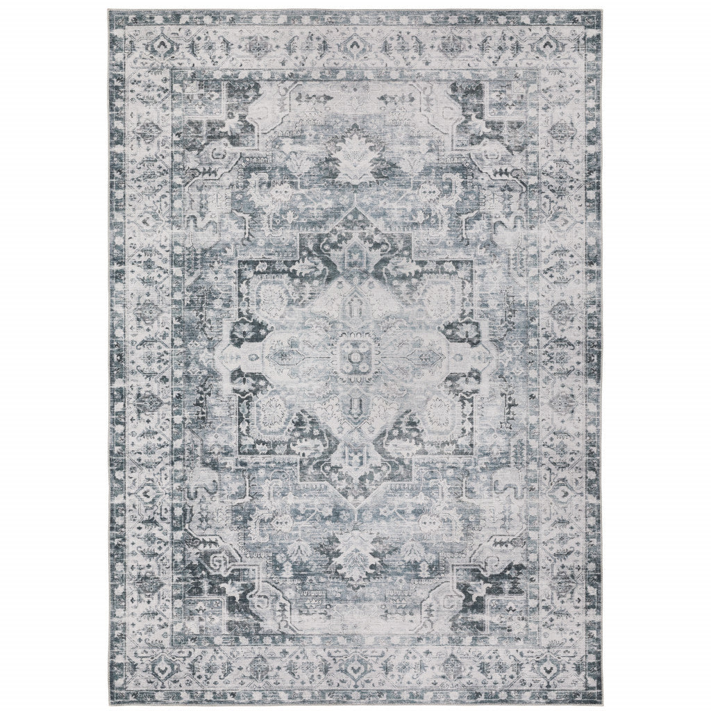 7' X 10' Navy Blue Ivory And Grey Oriental Printed Stain Resistant Non Skid Area Rug