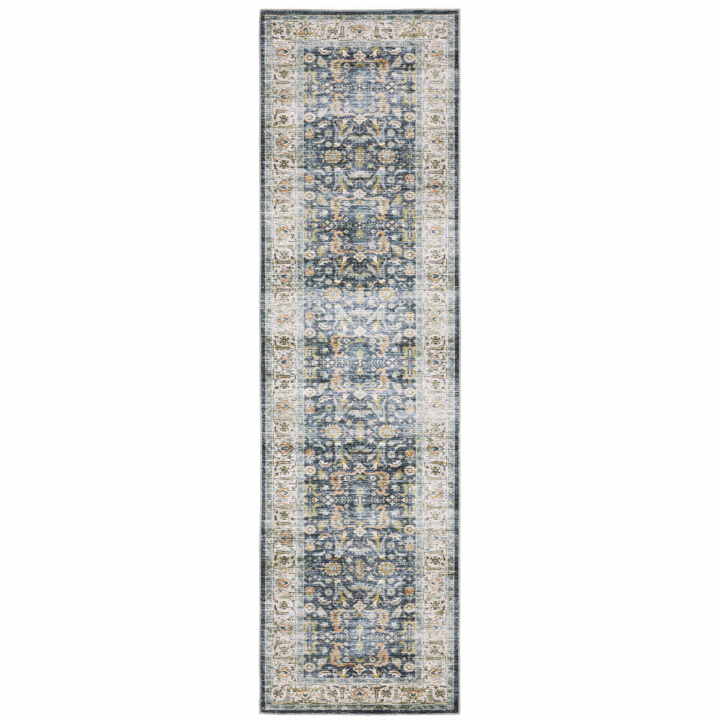 2' X 8' Blue Gold Rust Ivory And Olive Oriental Printed Stain Resistant Non Skid Runner Rug