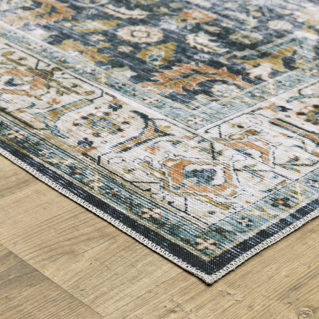 4' X 6' Blue Gold Rust Ivory And Olive Oriental Printed Stain Resistant Non Skid Area Rug