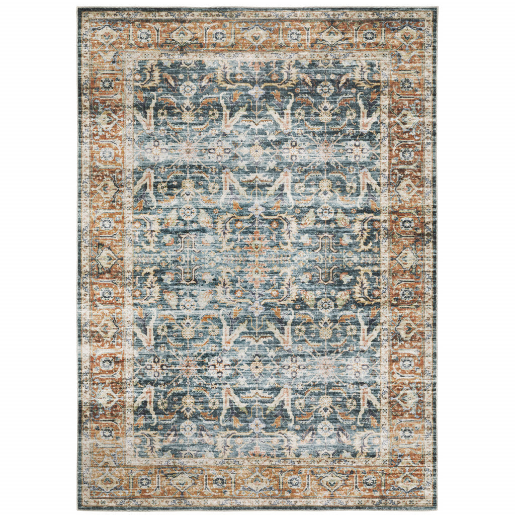 5' X 7' Blue Rust Gold And Olive Oriental Printed Stain Resistant Non Skid Area Rug