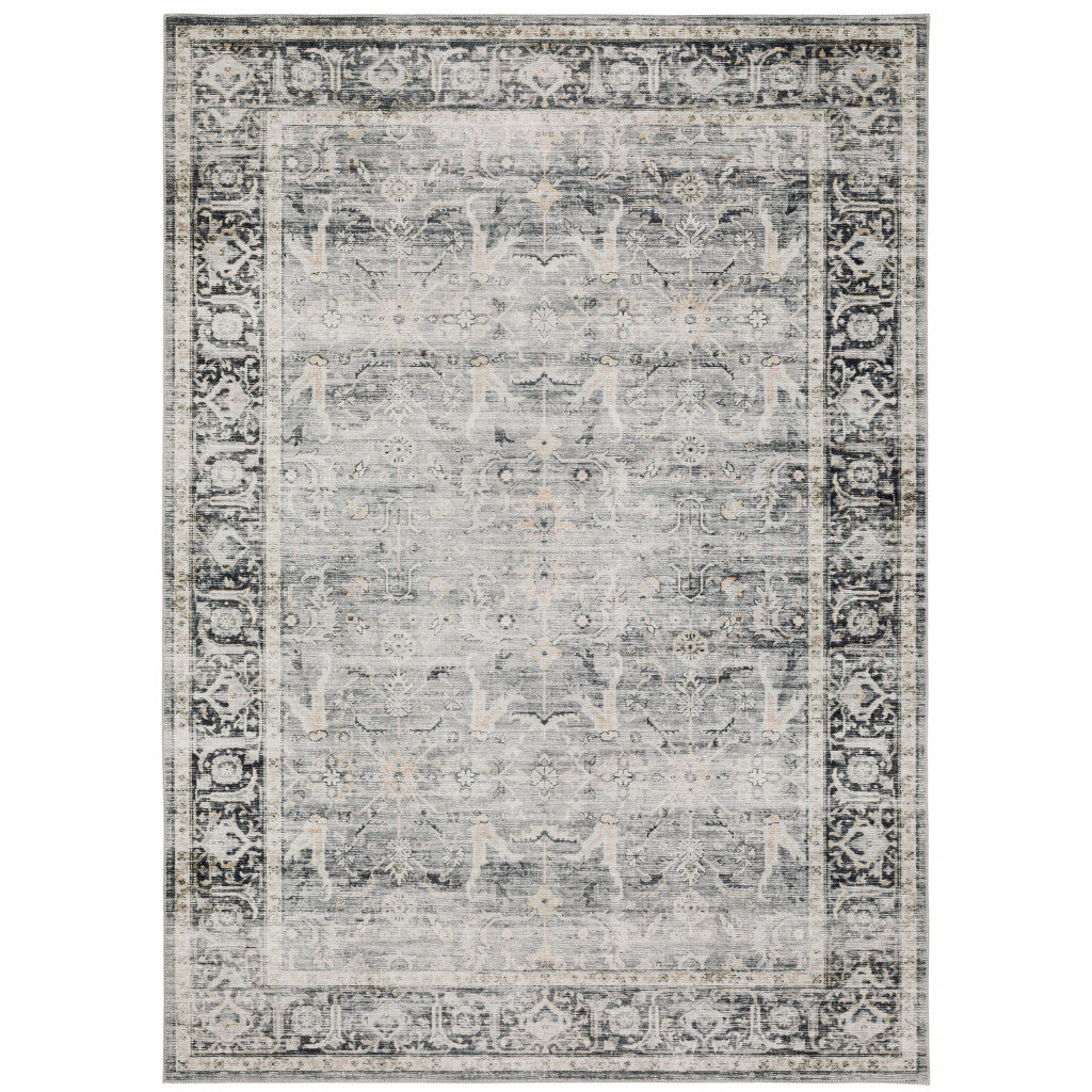 5' X 7' Charcoal Grey Salmon And Ivory Oriental Printed Stain Resistant Non Skid Area Rug