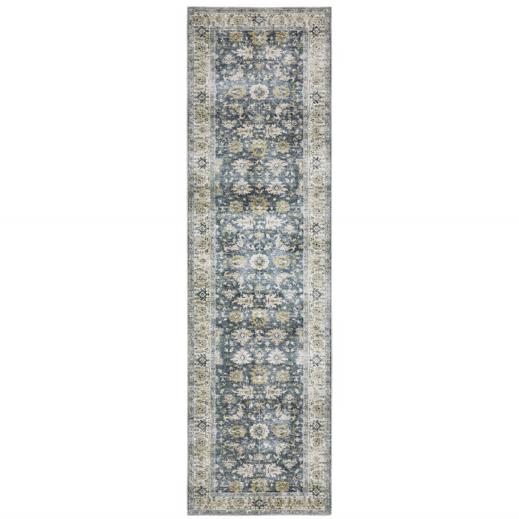 8' Blue And Ivory Oriental Printed Non Skid Runner Rug