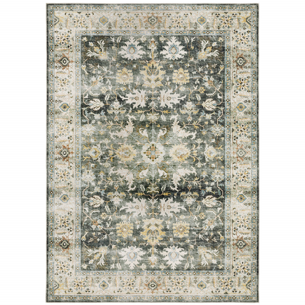 7' X 10' Grey Charcoal Gold Brown Ivory Pale Sage And Light Blue Oriental Printed Stain Resistant Non Skid Area Rug