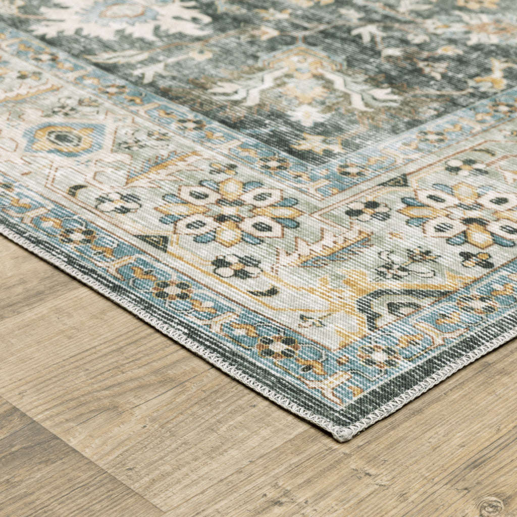 7' X 10' Grey Charcoal Gold Brown Ivory Pale Sage And Light Blue Oriental Printed Stain Resistant Non Skid Area Rug