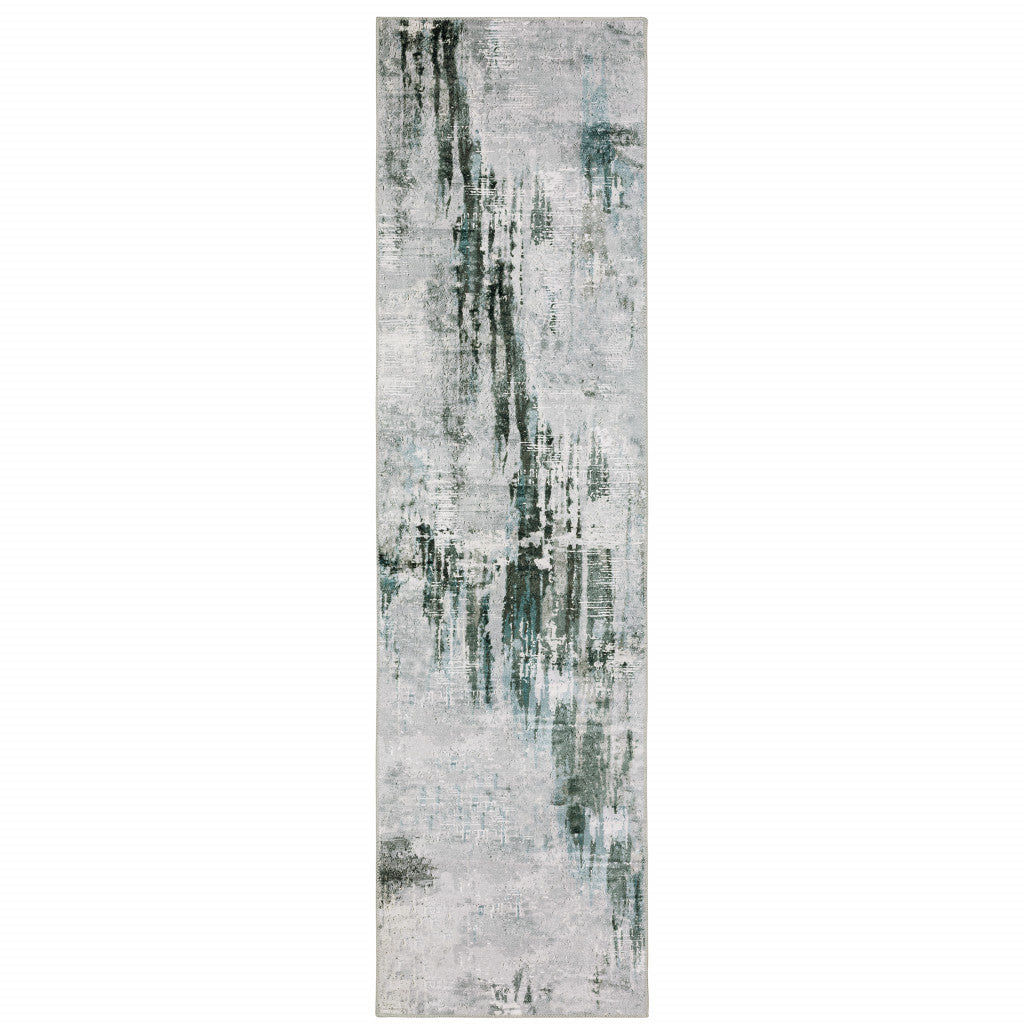 2' X 8' Silver Grey Teal Blue And Charcoal Abstract Printed Stain Resistant Non Skid Runner Rug