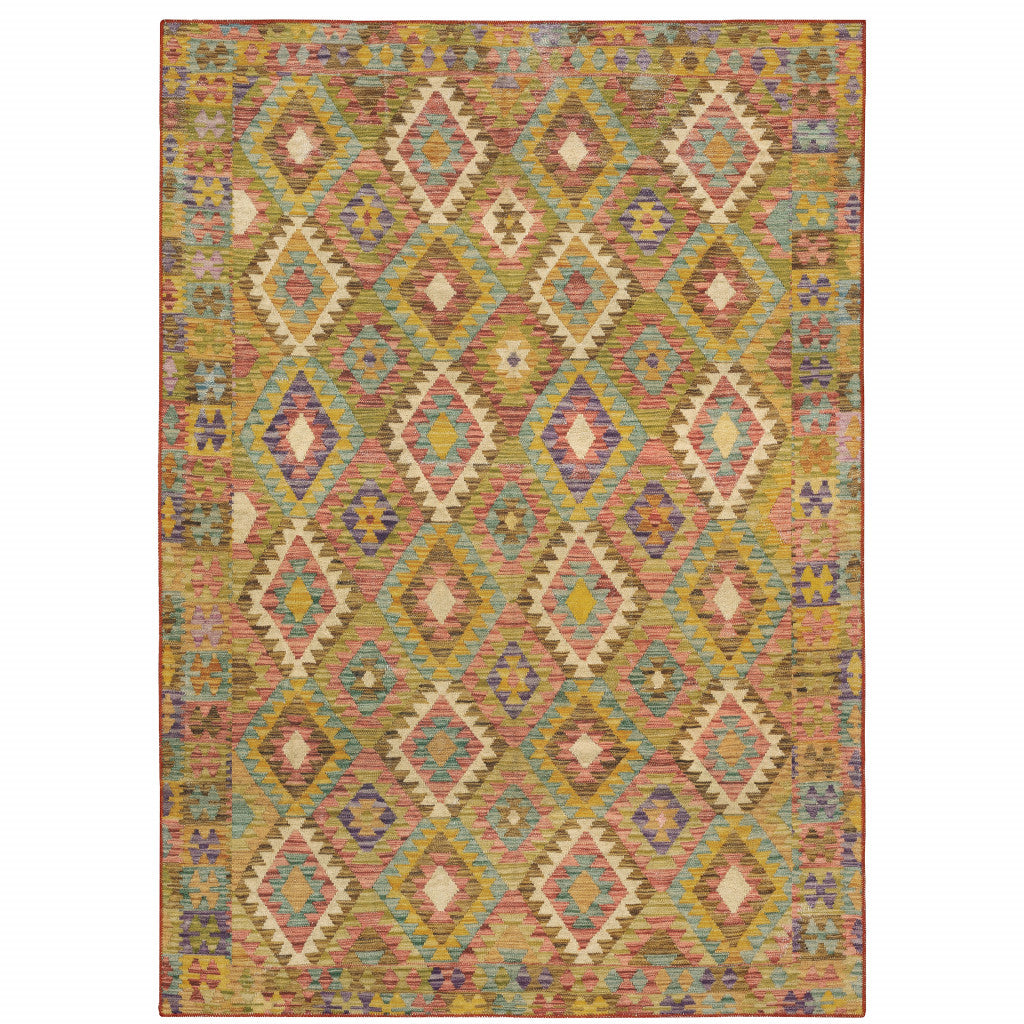 8' X 10' Gold Orange Brown Red Green Purple And Beige Southwestern Printed Stain Resistant Non Skid Area Rug