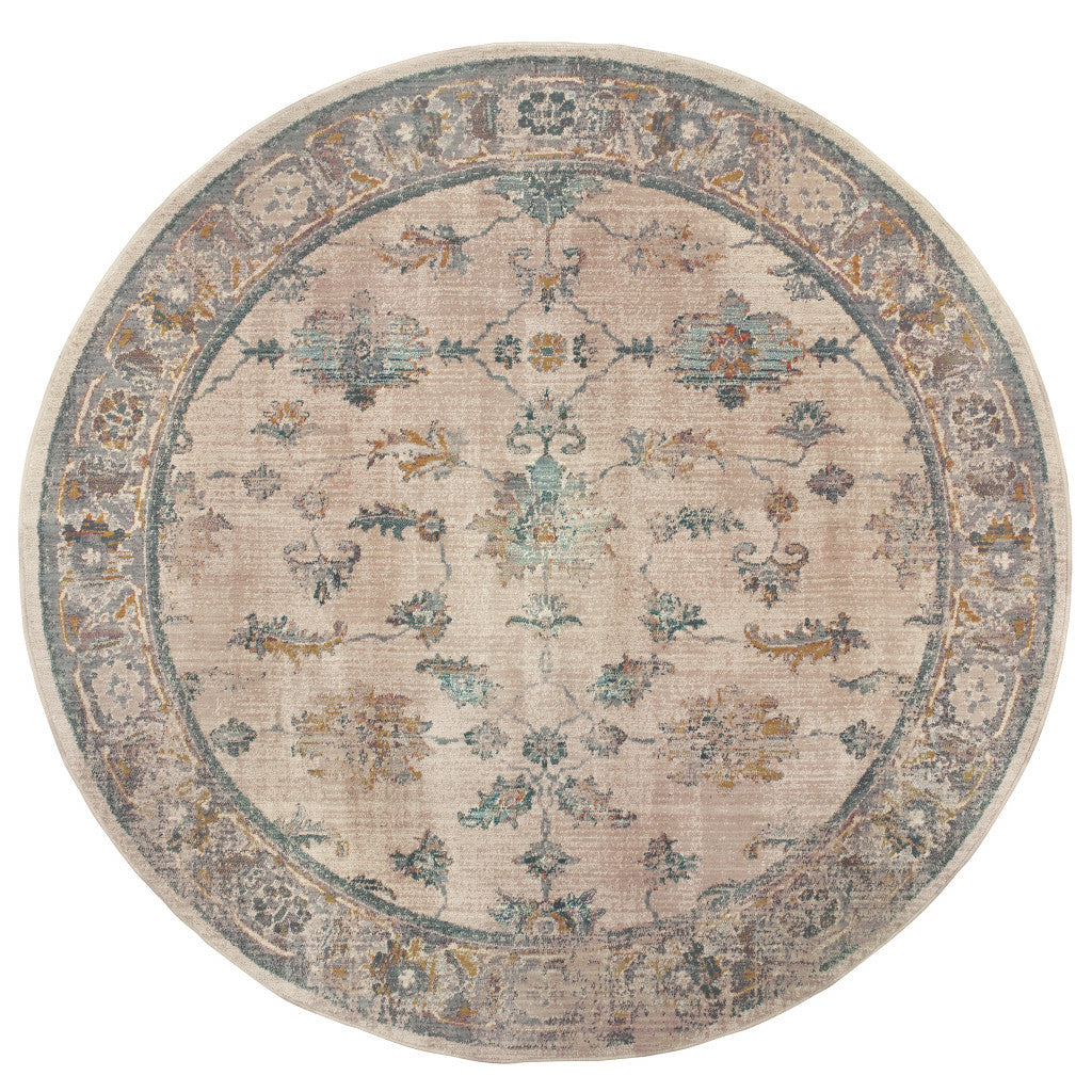 8' Ivory Blue Gold And Grey Round Oriental Power Loom Stain Resistant Area Rug