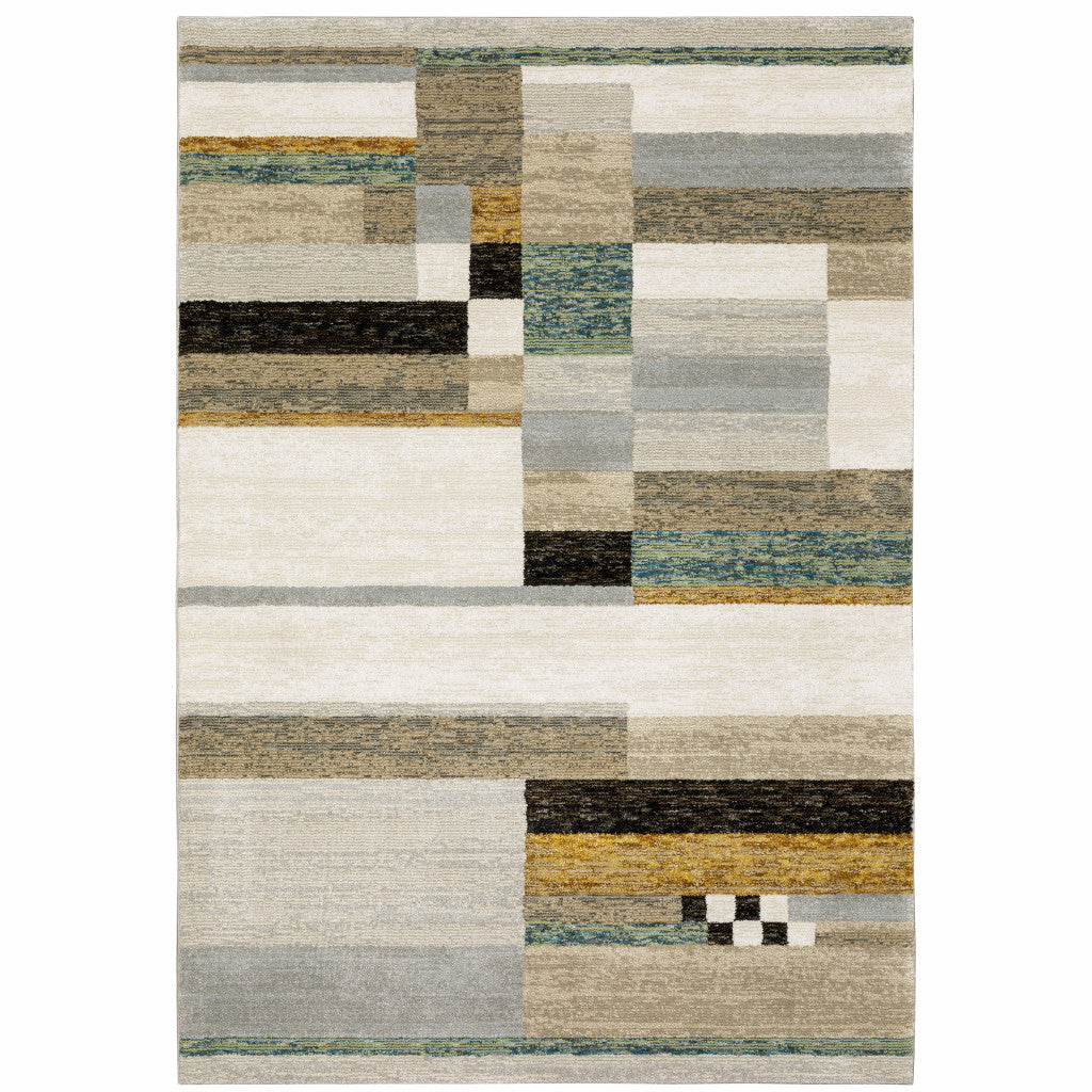 5' X 7' Beige Gold Black Grey Tan Teal And Rust Geometric Power Loom Area Rug