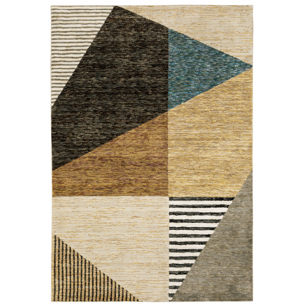 8' X 10' Gold Brown Blue Charcoal Rust And Beige Geometric Power Loom Stain Resistant Area Rug