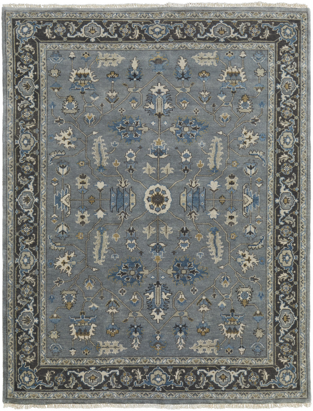 8' X 10' Blue Gray And Taupe Wool Floral Hand Knotted Stain Resistant Area Rug