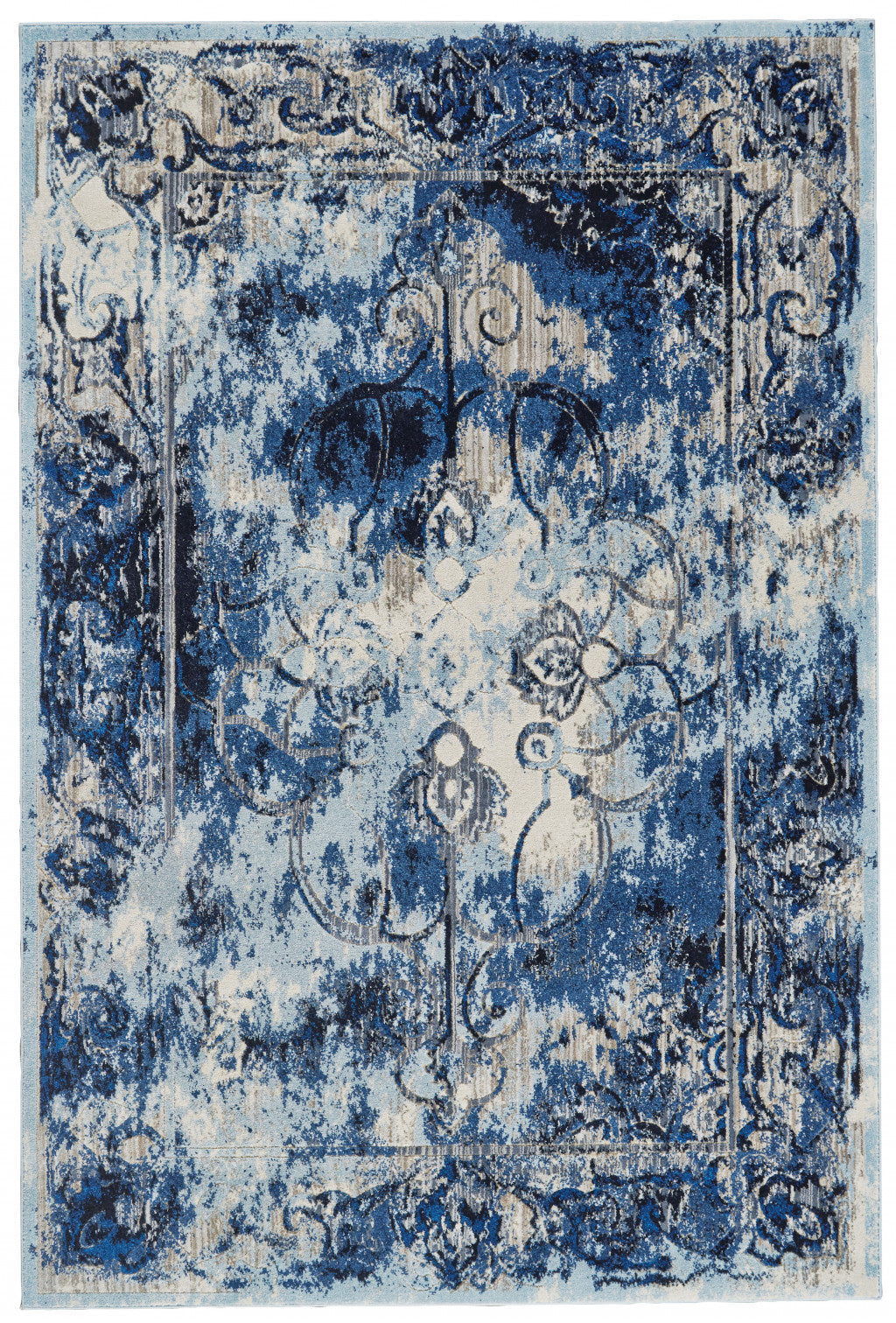 4' X 6' Blue Ivory And Gray Floral Distressed Stain Resistant Area Rug