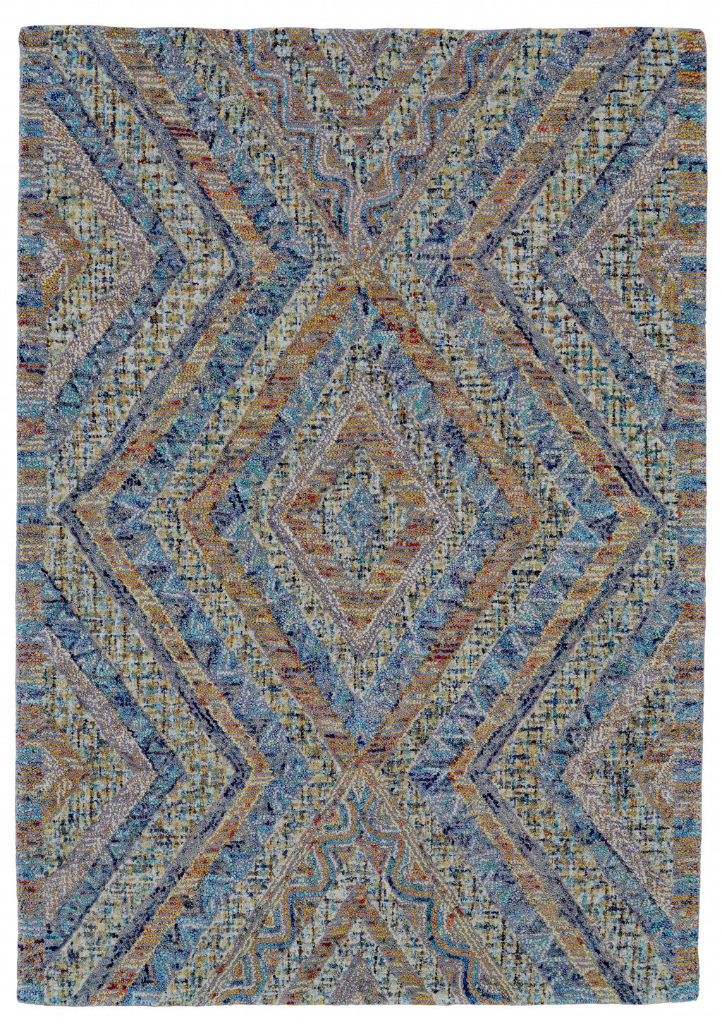 5' X 8' Blue Brown And Orange Wool Geometric Tufted Handmade Stain Resistant Area Rug