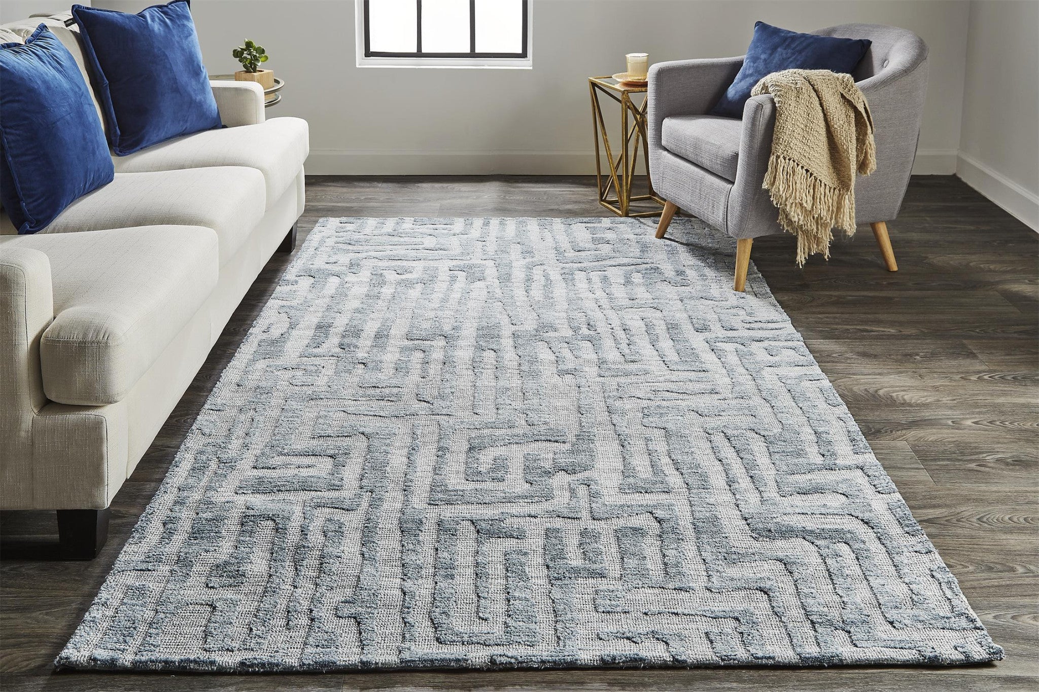 5' X 8' Blue Ivory And Gray Geometric Distressed Stain Resistant Area Rug