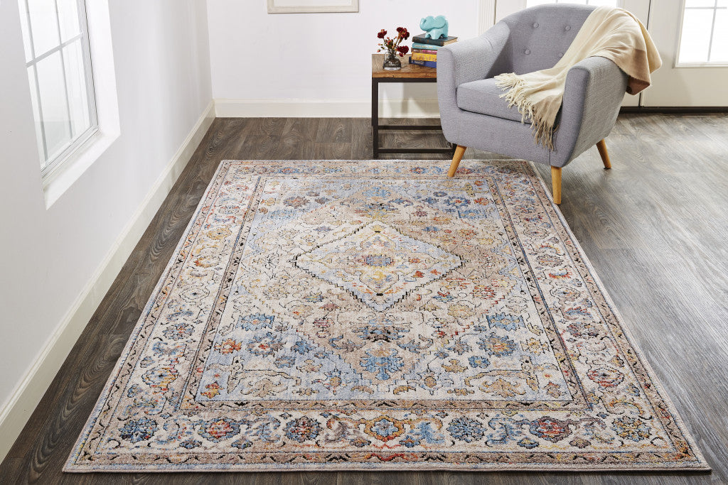 10' X 13' Taupe Blue And Gray Floral Stain Resistant Area Rug