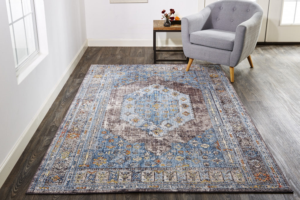 7' X 10' Blue Gray And Gold Floral Stain Resistant Area Rug