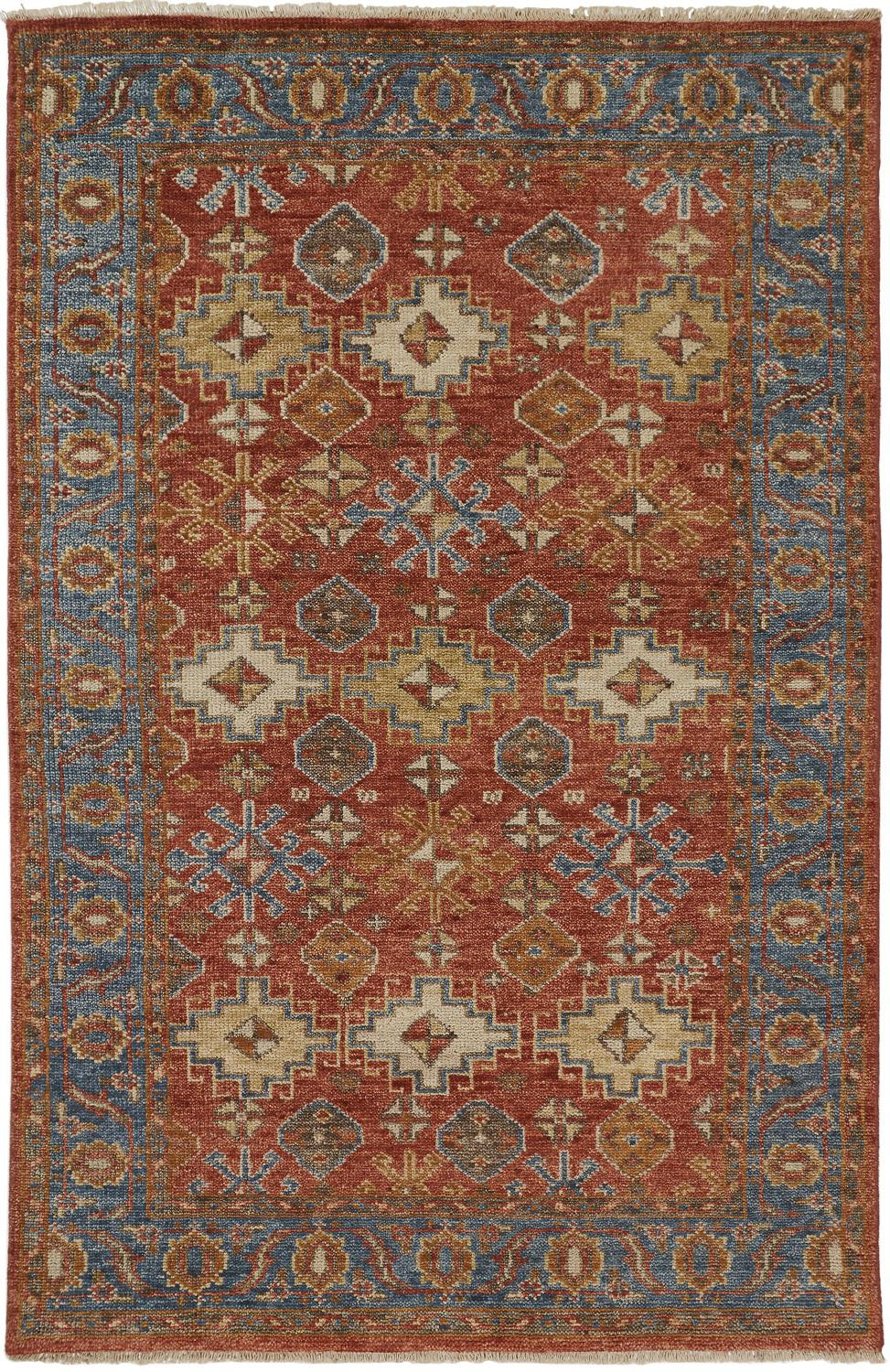 2' X 3' Red Blue And Orange Wool Floral Hand Knotted Stain Resistant Area Rug With Fringe