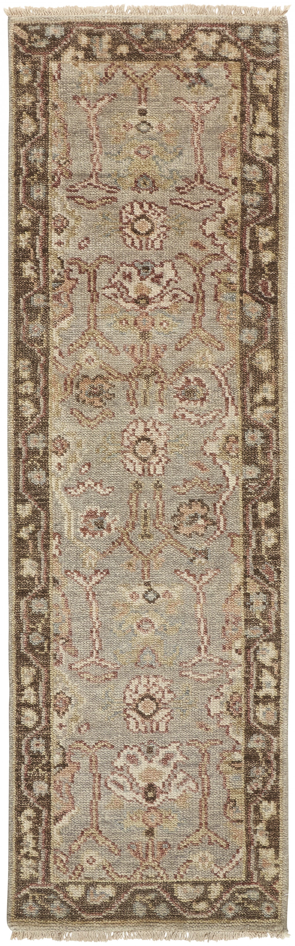 5' X 8' Gray Brown And Gold Wool Floral Hand Knotted Stain Resistant Area Rug With Fringe