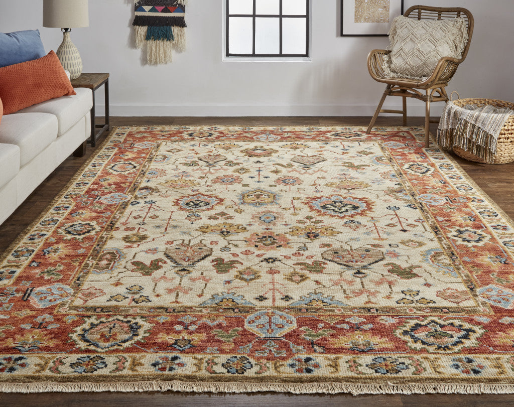 2' X 3' Ivory Red And Blue Wool Floral Hand Knotted Stain Resistant Area Rug